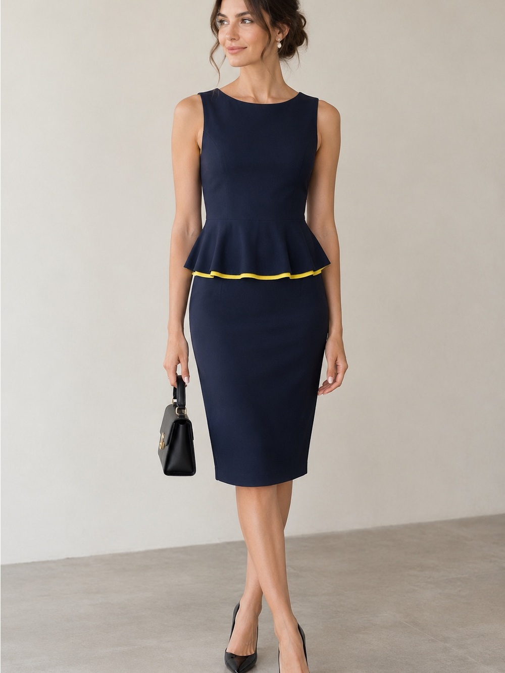 Max & Co. Navy Peplum Midi Dress with Yellow Accent